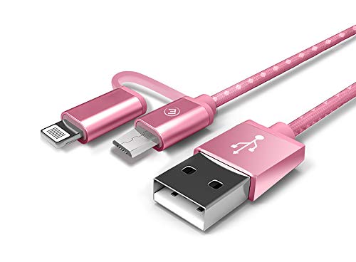 EVOMIND Cable 2en1 Relámpago Micro USB en Nylon Trenzado 1M Carga rápida y Sincro de Datos Compatible con Phone Pad Pod, Samsung Galaxy S7/ S6/ J3/ J5/J7, Huawei P10 Lite / P9 Lite, y Otros - 1M Rosa