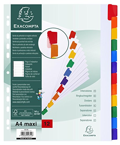 Exacompta 4312E - Separadores con 12 posiciones A4, Cartulina Blanca, 160 grs