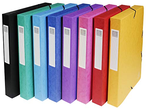 Exacompta 50400E Lote de 8 cajas de clasificación Exabox en cartulina lustrada con cierre c/goma 25 x 33 cm lomo de 4 cm Colores surtidos (Azul, Amarillo, Negro, Rosa, Rojo, Turquesa, Verde, Morado)