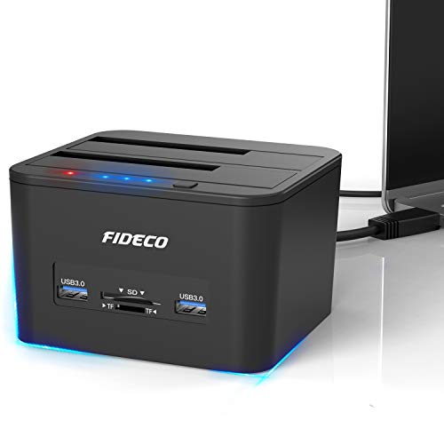 FIDECO Docking Station, USB 3.0 Base de Conexión para Ordenador con Doble SATA para Discos de 2.5" y 3.5",Funcion Clone Offline, Soporte TF y Tarjeta SD