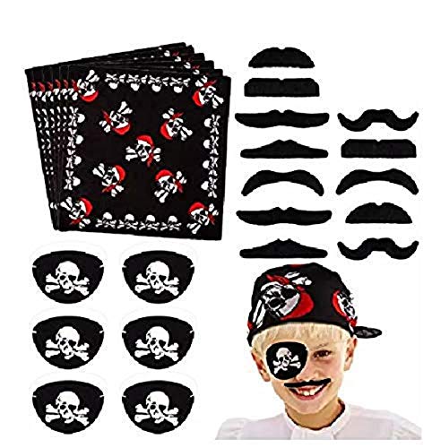Fiesta Pirata Set 24 Partes - pañuelos para la Cabeza, Barba y Parches para los Ojos en Pirate Design - para niños y Adultos Fiestas temáticas y cumpleaños