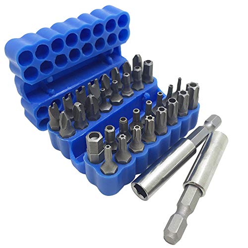 FineGood Juego de 34 puntas de destornillador con soporte magnético para puntas de extensión SAE antimanipulación métricas hexagonales de tres alas, de estrella, color azul FineGood Juego de 34 puntas de destornillador con soporte magnético para puntas de extensión SAE antimanipulación métricas hexagonales de tres alas, de estrella, color azul