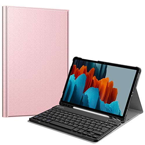 Fintie Funda con Teclado Español Ñ para Samsung Galaxy Tab S7 11" 2020 (SM-T870/T875) - Carcasa con Portalápiz para S Pen y Teclado Inalámbrico Magnético Desmontable, Oro Rosa