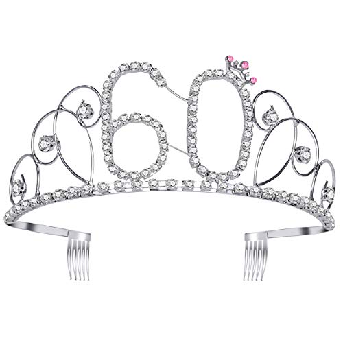 frcolor Corona Cumpleaños 60 Diadem Tiara con pelo peine cristal brillantes plata regalo de cumpleaños 60 años para mujeres
