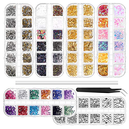 Frcolor - Juego de diamantes de imitación para decoración de uñas, incluye pinza y lápiz para sostener, 6 cajas