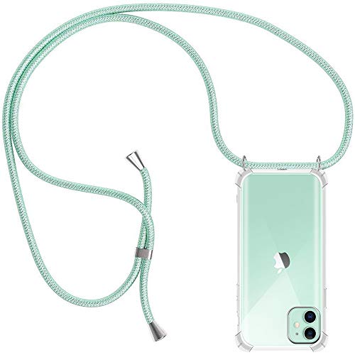 Funda con Cuerda para iPhone 11, Carcasa Transparente TPU Suave Silicona Case con Correa Colgante Ajustable Collar Correa de Cuello Cadena Cordón para iPhone 11 6.1'' - Verde Menta