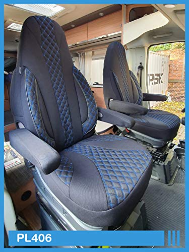 Fundas de asiento compatibles con Fiat Ducato 250, conductor y copiloto, a partir de 2006, número de color: PL406 (costuras negras y azules).