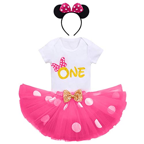 FYMNSI - Conjunto de ropa para bebé y niña de 1 cumpleaños, de manga corta, de algodón, con falda de tul y cinta para la cabeza, 3 piezas Rose One. 1 Año FYMNSI - Conjunto de ropa para bebé y niña de 1 cumpleaños, de manga corta, de algodón, con falda de tul y cinta para la cabeza, 3 piezas Rose One. 1 Año