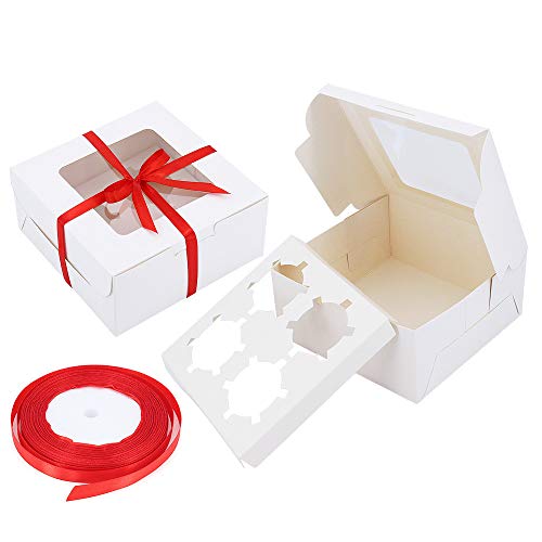 Gearific Cajas para Cupcakes, Paquete de 10 Cajas para Tartas con Inserciones extraíbles, recipientes Blancos para Cupcakes de panadería con Ventana para Muffins Cake (4 Agujeros)