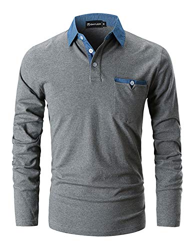 Ghyugr Slim Fit Golf Poloshirt, Camiseta Polo de Algodón con Mangas Largas para Hombre, Gris Oscuro, L