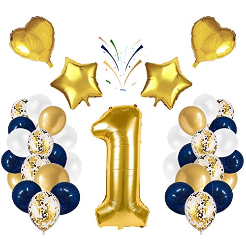 Globo número 1 Korins, número gigante 0 1 2 3 4 5 6 7 8 9 Globo de papel de aluminio con 24 globos de confeti de látex, decoración de aniversario de fiesta de cumpleaños