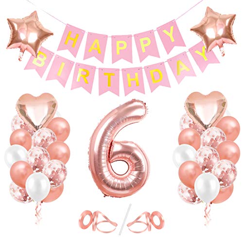 Globos de Cumpleaños 6 año, 6 Oro RosaDecoraciones, Pancarta de Feliz Cumpleaños, Decoración de Cumpleaños para 6 Niña, Globos de Confeti y Aluminio Oro Rosa, Fiesta Regalos para Niña y Mujeres y Bebe