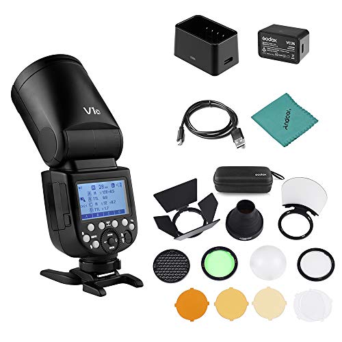 Godox V1C Flash de cámara Speedlite Speedlight Cabeza Redonda inalámbrica 2.4G Fresnel Zoom + Godox AK-R1 Kit de Accesorios de luz de Bolsillo compatible con Canon EOS Series para Boda
