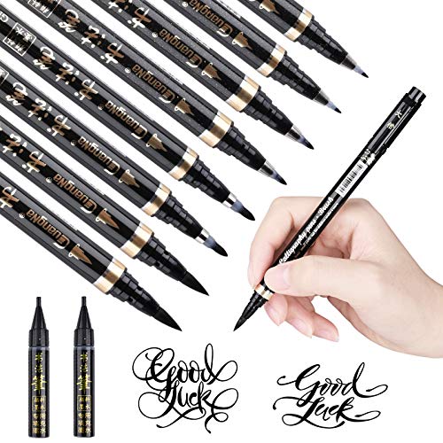 Goldge 8Pcs Pluma de Caligrafía, Pluma de Escritura Pincel Negros Bolígrafos de Tinta de Caligrafía Adecuado para Principiantes Escribiendo,Firma, Diseño Diseño y Dibujo