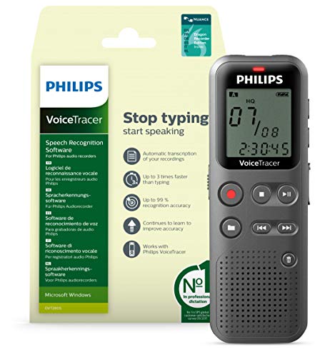 Grabador de Audio Philips VoiceTracer DVT1115 | Grabador Mono con 4GB, USB, El Software de reconocimiento de Voz - Recorder Edition 13 EN/FR/DU/NL/ES/IT (Windows)