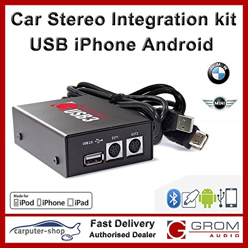Grom Audio kit de integración (USB3) USB iPhone Android estéreo del coche para BMW y Mini (parte posterior de montaje de radio) - compatible con conector de Apple Rayo. 3 series 5 series 7 series X3 X5 M3 M5 Z3 Z4 Z8