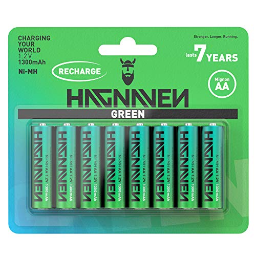 HAGNAVEN® Green 8 Pilas precargada de Ni-MH Mignon AA | Recargable | Precargado y Listo para Usar | Alta Capacidad | 1300 mAh y 1.2 V | CÉLULAS DE Calidad