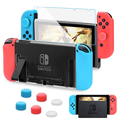 HEYSTOP Carcasa Nintendo Switch, Funda Nintendo Switch con Protector de Pantalla para Nintendo Switch Console y Joy Cons con 6 Agarres para el Pulgar(Transparente)