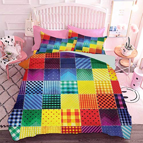 Hiiiman Juego de ropa de cama de 3 piezas de colores arcoíris cuadrados, colección de patrones variados con formas diagonales (3 unidades, tamaño individual), sin inserto
