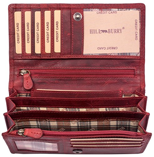 Hill Burry Cartera de Cuero para Mujer | Billetera - Monedero de Cuero Genuino con Aspecto Vintage | Mujeres - Hombre | XXL Largo Grande Capacidad (Rojo)