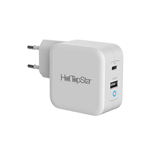 HotTopStar [GaN Tech] Cargador USB C, cargador PD de tipo C 65 W Cargador de pared doble puerto adaptador de corriente compatible con MacBook Pro iPad Pro, iPhone 11 Pro Max X XS XR, Galaxy S9-White
