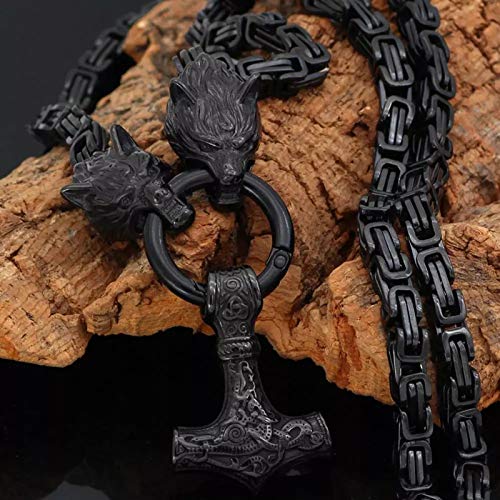 HQLCX Hombres Vikingo Collares de Acero Inoxidable, Punk Nordic Celtic Wolf Rune Colgante King Chain Norse Amulet Jewelry,80cm