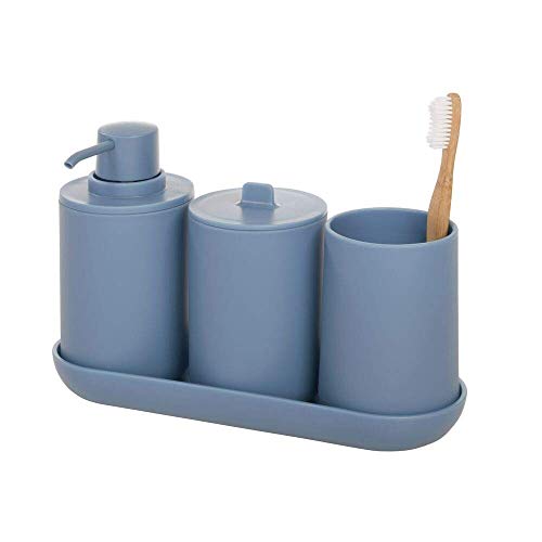 iDesign Set, juego de 4 compuesto por dispensador de jabón, porta cepillo de dientes, algodonero y bandeja de plástico, accesorios de baño para el lavabo, azul, 24,5 cm x 8,9 cm x 16,2 cm