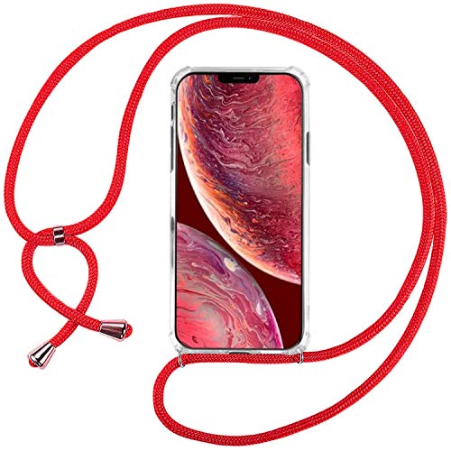Ingen Funda para iPhone 12/ iPhone 12 Pro (6,1'') Pulgada - Ajustable Collar Correa de Cuello Cordón Transparente TPU Suave Silicona Case - Rojo