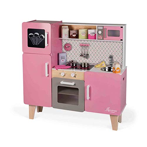 Janod - J06571 - Cocina maxi Macaron de madera con nevera y microondas, 15 accesorios incluidos, color rosa, juego de simulación para niños a partir de 3 años