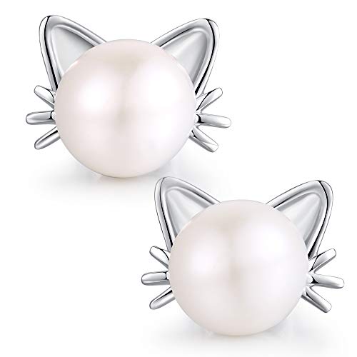 jiamiaoi Pendientes Mujer Plata Pendientes de Gato para Mujer Pendientes con Perlas Cultivadas de Agua Dulce Pendiente de Perlas de 7,5 mm