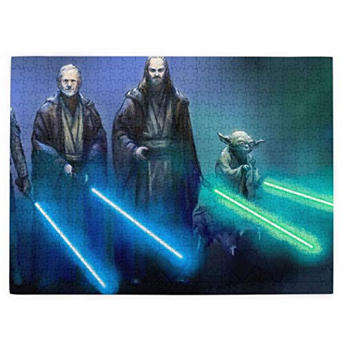 Jigsaw Picture Puzzles Age 3 520 Piece, Rawing Yoda Obi-Wan Kenobi Qui-Gon Jinn Luke Skywalker Artwork Jedi Lightsaber Star Wars Fan Art Green Blue ,15" X 20.4" Educational Family Game Wall Artwork