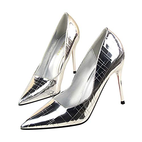 JOEupin Zapatos de tacón alto para mujer, zapatos de patente para fiesta de vestir, plateado (Plateado), 37.5 EU