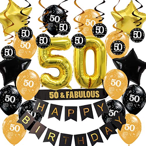 JOYMEMO Decoraciones de 50 años Negro y Dorado 50 Remolinos Colgantes Número 50 Faja de Globos para Hombres o Mujeres Suministros para Fiestas de 50 años
