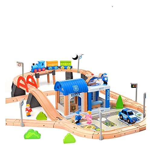 Juego de tren de madera para niños, tren con rieles de madera, 90 piezas, estación de policía, combinable