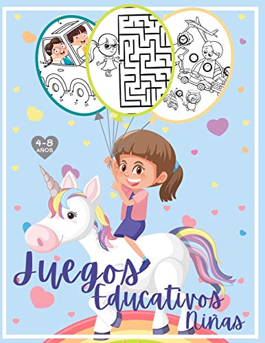 Juegos educativos - Niñas: Libro de actividades niñas 4-8 años: Laberintos, Unir los puntos y números, Encuentra las diferencias y juegos de colorear.
