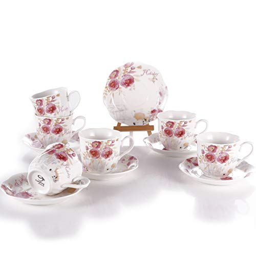 Juegos Tazas de Café Porcelana Vintage - 7OZ/220ML Conjuntos de Taza y Platillo Inglesa Patrón de Rosa Flores Set de 6 Tazas de Té/Cappuccino