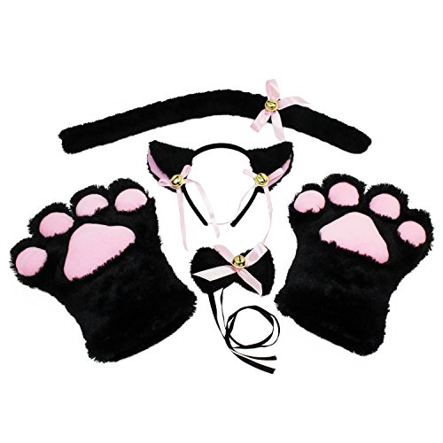 KEESIN Conjunto de Cosplay de Gato Guantes de Garra de Felpa Orejas de Gatito de Gato Collar de Cola Patas Disfraz de Fiesta Adorable Lindo para niños y Adultos (Negro)