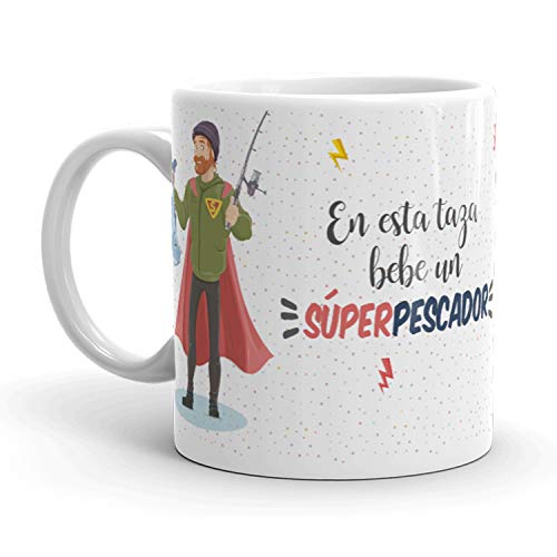Kembilove Tazas de Café de Pescador Superhéroe – En Esta Taza Bebe un Súper Pescador – Tazas de Desayuno para la Oficina – Taza de Café y Té para Trabajadores – Tazas de 350 ml