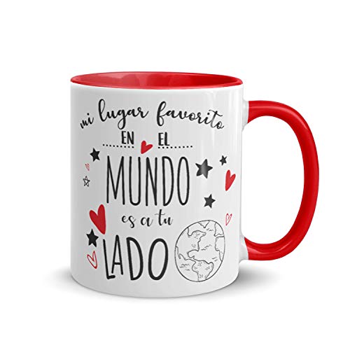 Kembilove Tazas de Desayuno para Parejas – Taza de Café Rojas con Mensaje Mi lugar favorito en el mundo es a tu lado – Regalos Originales para Regalar en San Valentín, Cumpleaños – Tazas de 350 ml