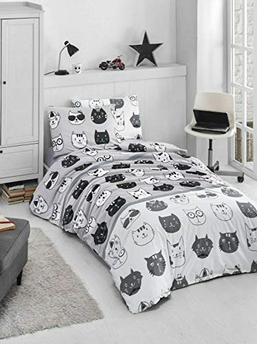 KESTEX Ropa de cama de 2 piezas Renforcé Kitty Gato gris algodón 135 x 200 cm 80 x 80 cm KESTEX Ropa de cama de 2 piezas Renforcé Kitty Gato gris algodón 135 x 200 cm 80 x 80 cm