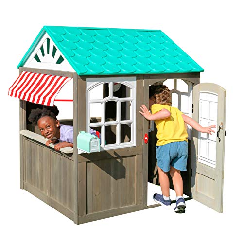 KidKraft- Casa de juguete de exteriores con un toldo a rayas como el de las cafeterías (casa de juguete de madera para exteriores) Playhouse, Color Marrón (419)