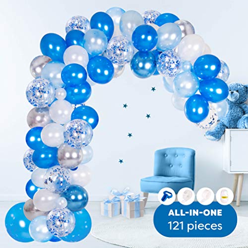 Kit Arco y Guirnalda de Globos | Globos color Azul, Blanco y Plateado | Ata Globos, Cinta para Globos y Gotitas Adhesivas | Decoración para Cumpleaños, Baby Showers o Bautizos para Hombres y Niños