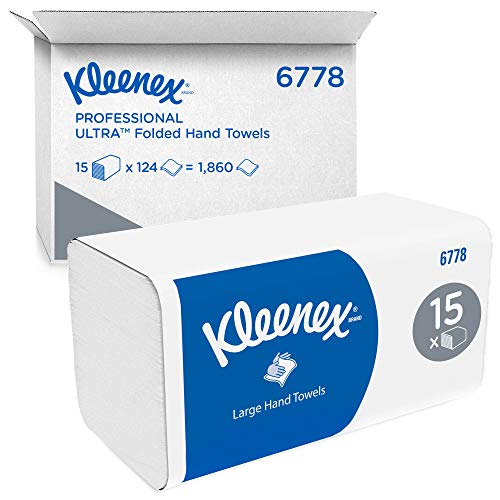 Kleenex 06778100 6778 Toallas de Papel Plegado Grandes, 15 Paquetes de 124 Hojas de Papel, 2 Capas, Tecnología Absorbente Airflex, Color: Blanco