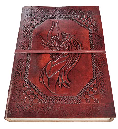 Kooly Zen – Cuaderno de notas, diario, libro, piel auténtica, vintage, cabeza de dragón medieval celta, 18 x 25 cm, 240 páginas, papel premium
