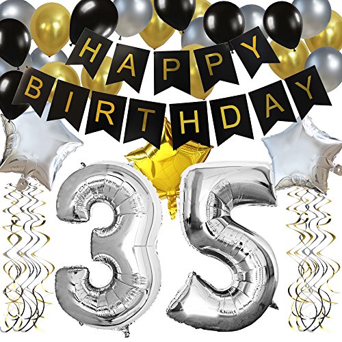 KUNGYO Clásico Fiesta de Cumpleaños Kit Decoraciones-“Happy Birthday” Bandera Negro; Número 30 Globo;Balloon de Látex&Estrella, Colgando Remolinos Partido para el Cumpleaños (35)