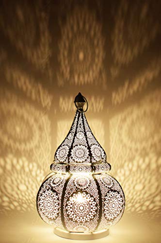 Lámpara de mesa marroquí Malhan 38cm E27 Socket | orientales de cabecera para dormitorio o salón | Pantalla de linterna de metal como iluminación de decoración del hogar de la fiesta (Blanco)
