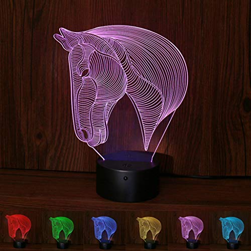 Lámpara Noche luz nocturna Horse Head 3D Night Light Lámpara de ilusión óptica, 7 colores cambiantes Interruptor táctil Decoración USB Lámparas de mesa para el tema del amante Juguetes para niños Rega