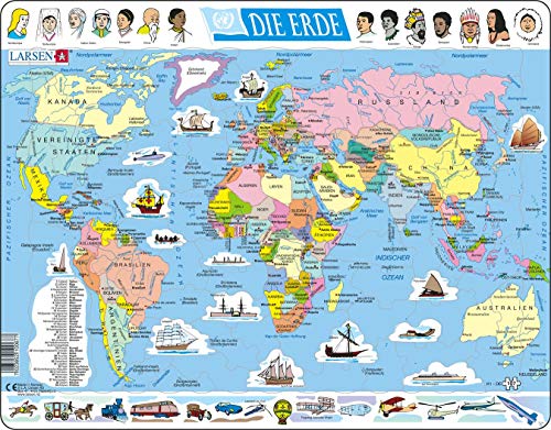 Larsen K1 El Mapa político Mundial, edición en Alemán, Puzzle de Marco con 107 Piezas