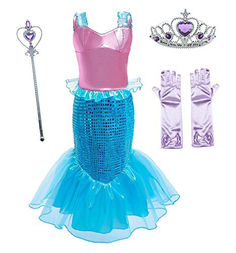 Le SSara Vestido de Fiesta de Lentejuelas de Disfraces de Princesa Ariel para Niñas con Accesorios para Niños (90（2-3 años）, D76+Pur1)