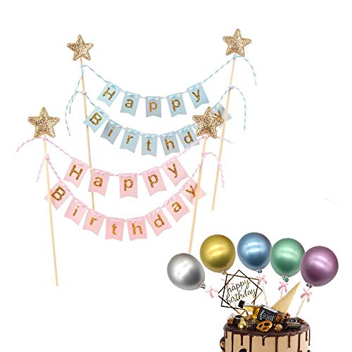 Lifreer 2 PCS Happy Birthday Cake Topper Bunting Banner Garland Flags y 5 PCS Balloon Sticks Cake Topper Cake Decoraciones para niños Niñas Niños Suministros